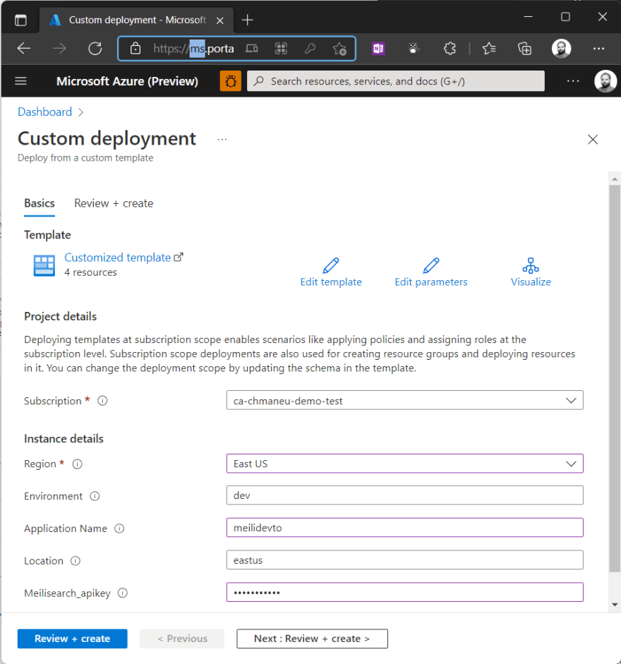 Le portail Azure demandant les paramètres