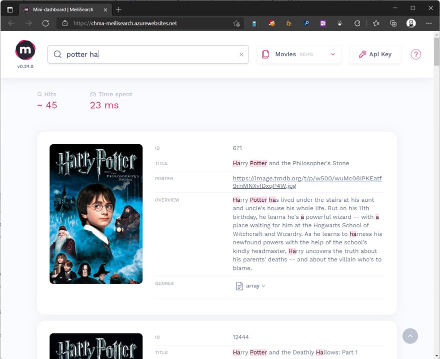 Le dashboard Melisearch hébergé sur Azure, affichant des résultats de recherche avec les films Harry Potter